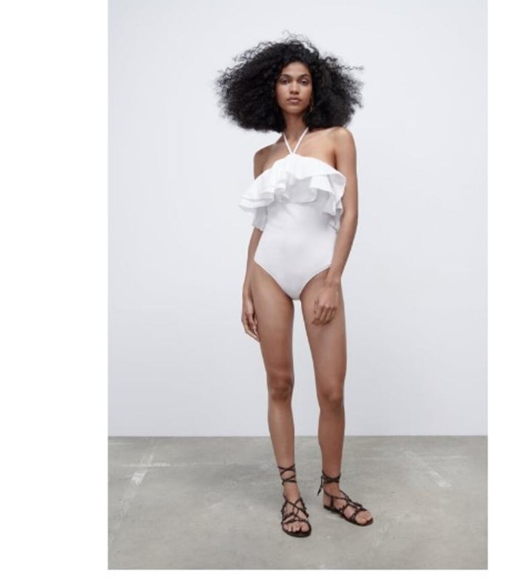 Zara White Ribbed Halter Bodysuit Top with Large Ruffles 100% Cotton Size Medium
